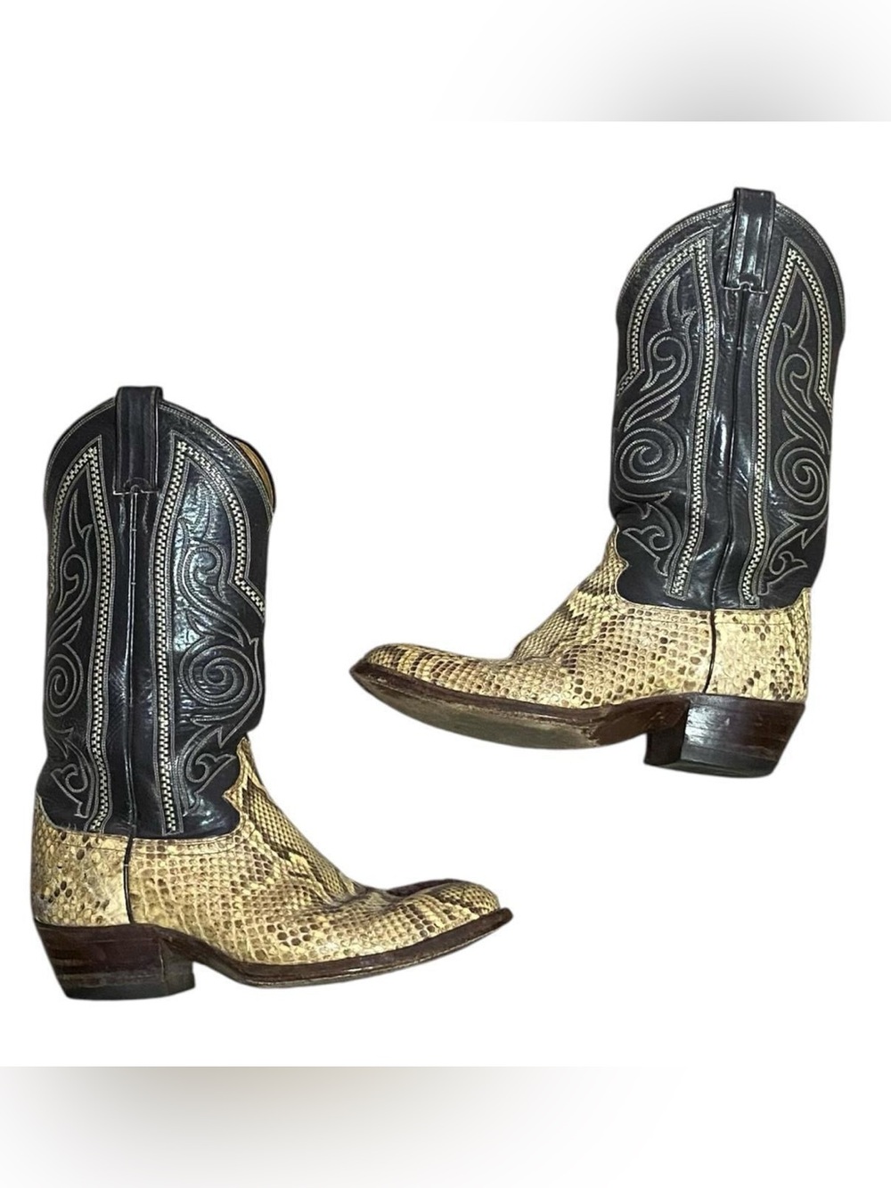 Justin Black and Snakeskin Print Cowboy Boots